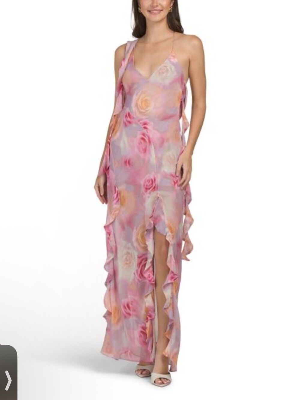 For Love And Lemons Beate Pink Floral Ruffle Maxi Dress with V-Neck